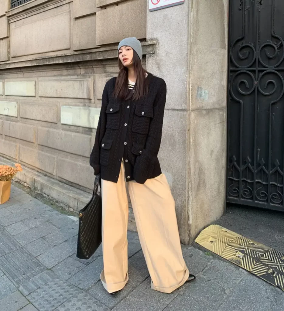 Textured Black Jacket with Wide Khaki Pants Office Outfit