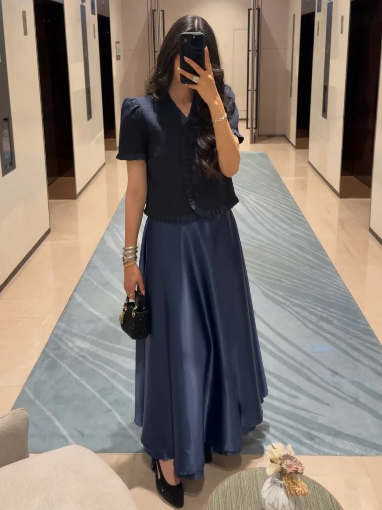 Ruffle Blouse with Satin Maxi Skirt Office Outfit