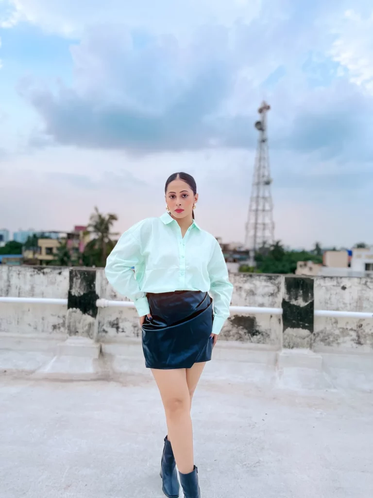 Mint Shirt with Black Leather Mini Skirt Office Outfit
