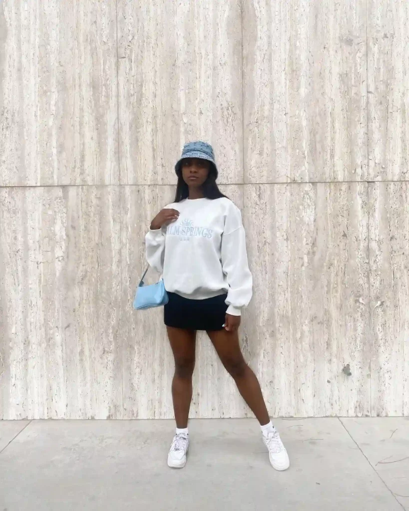 Oversized Sweatshirt with Black Mini Skirt Office Outfit