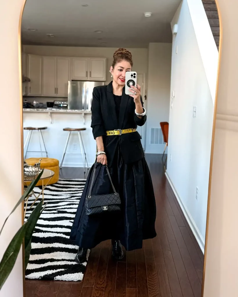 Black Blazer with Flowy Black Skirt Office Outfit