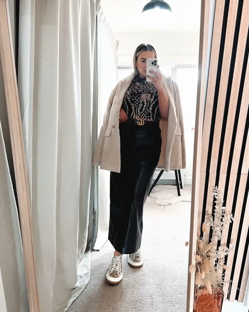 Printed Top with Leather Midi Skirt and Coat Office Outfit