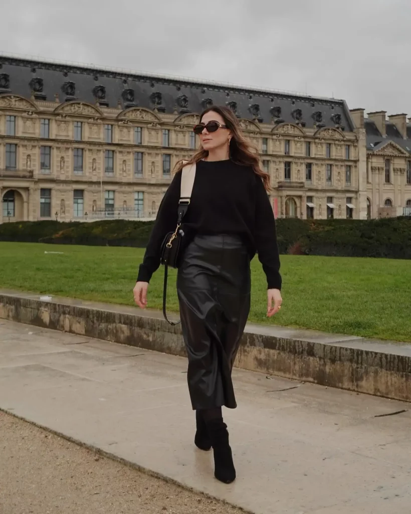 Black Sweater with Leather Midi Skirt Office Outfit