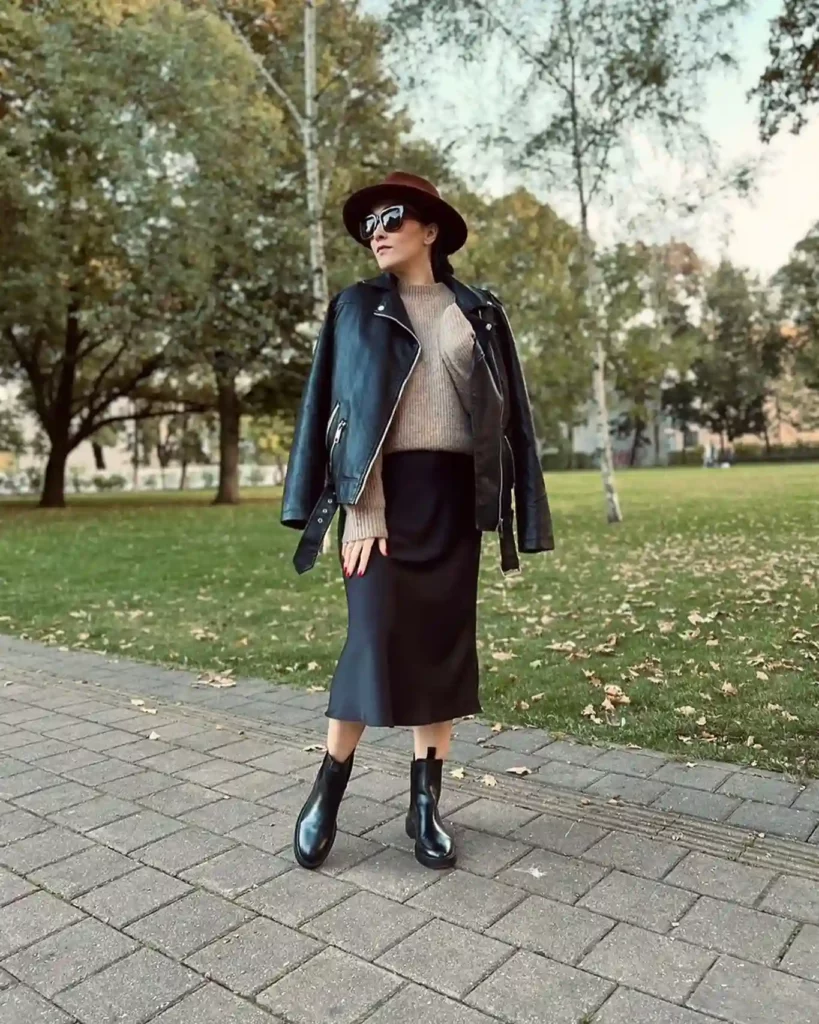 Leather Jacket with Black Satin Skirt Office Outfit