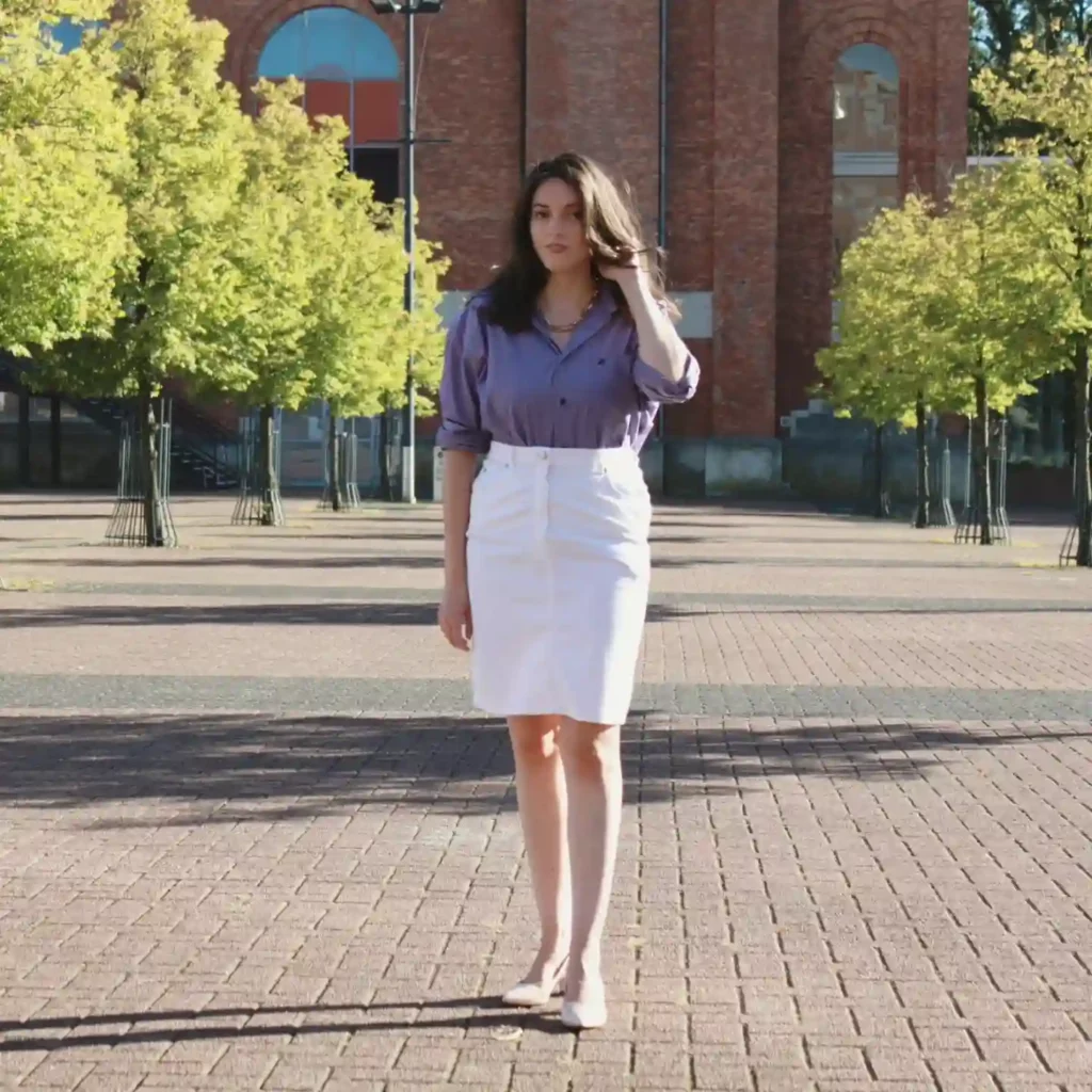 Lavender Shirt with White Pencil Skirt Office Outfit