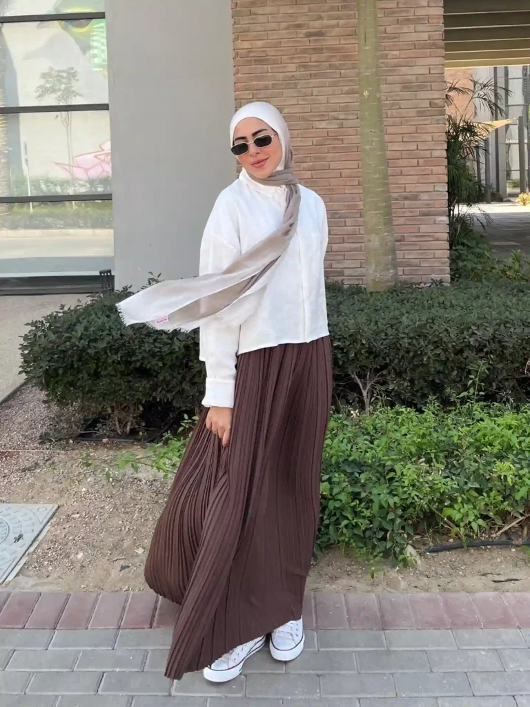 White Shirt with Brown Pleated Skirt Office Outfit