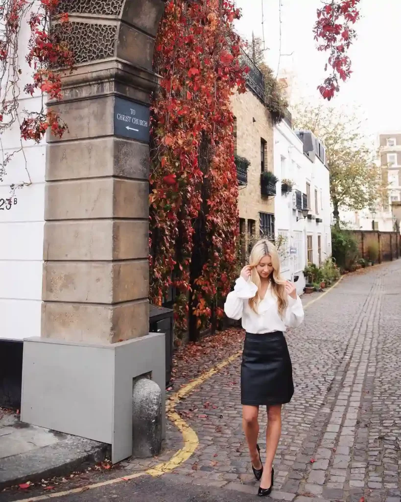 White Blouse with Black Leather Mini Skirt Office Outfit