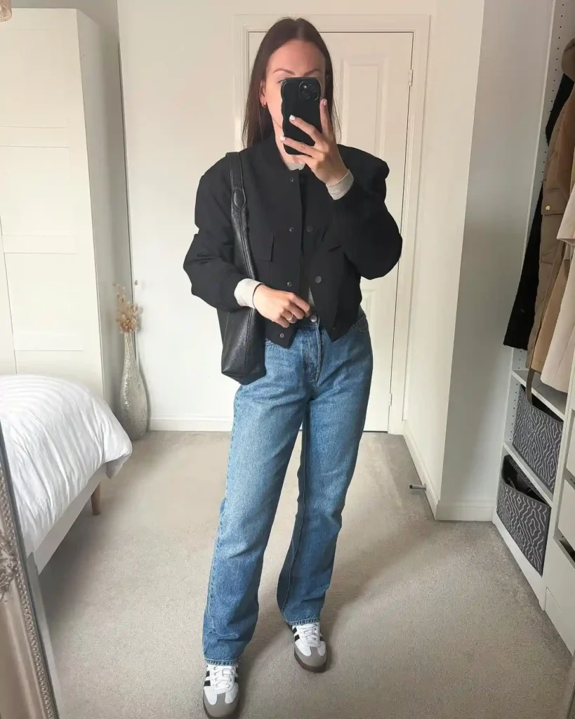 Black Jacket with Blue Mom Jeans Office Outfit