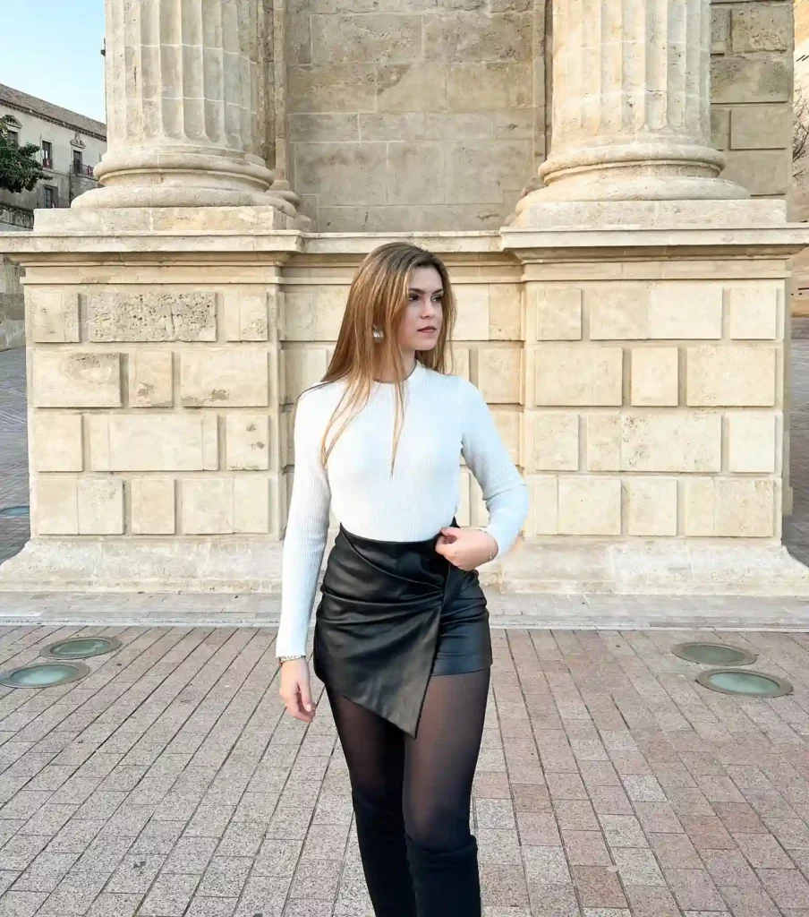 White Fitted Top with Wrap Leather Skirt Office Outfit