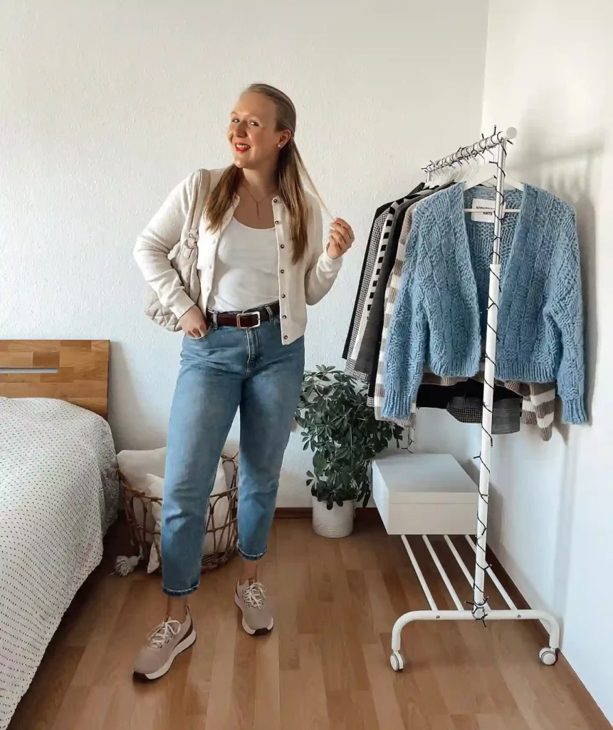 Cardigan with White Top and Mom Jeans Office Outfit