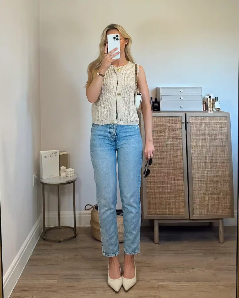 Neutral Knit Vest with Classic Mom Jeans Office Look