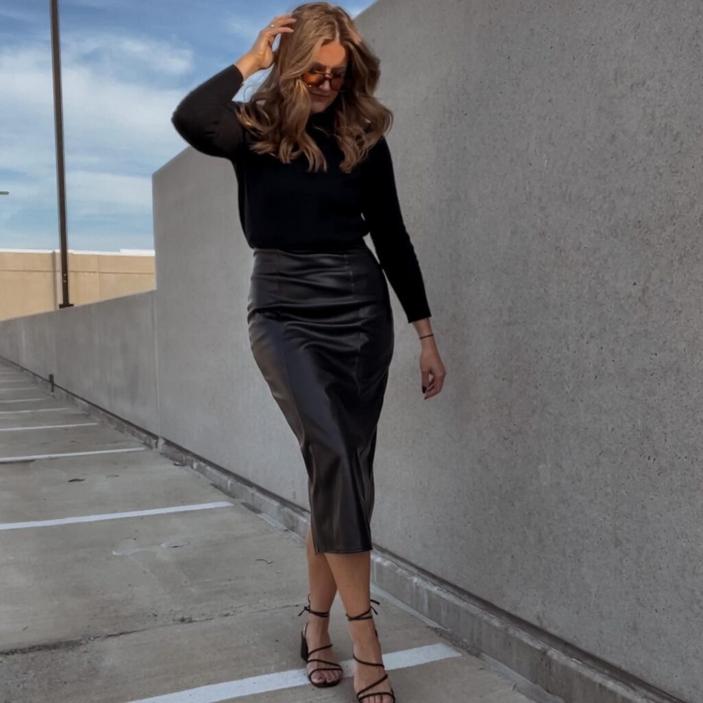 Black Knit Top with Leather Midi Skirt Office Outfit