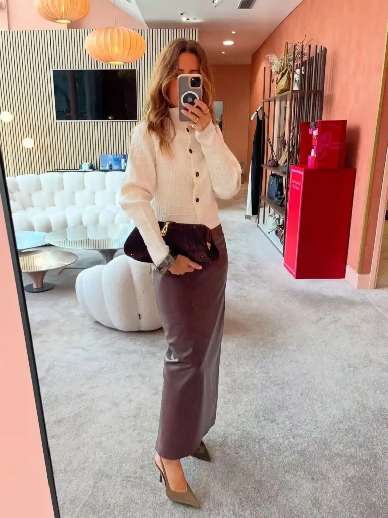 Brown Pencil Skirt with Textured White Cardigan Office Outfit