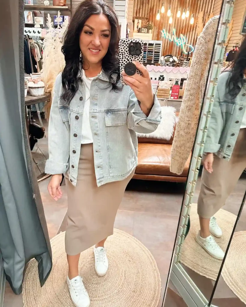 Beige Pencil Skirt with White Tee and Denim Jacket Office Outfit
