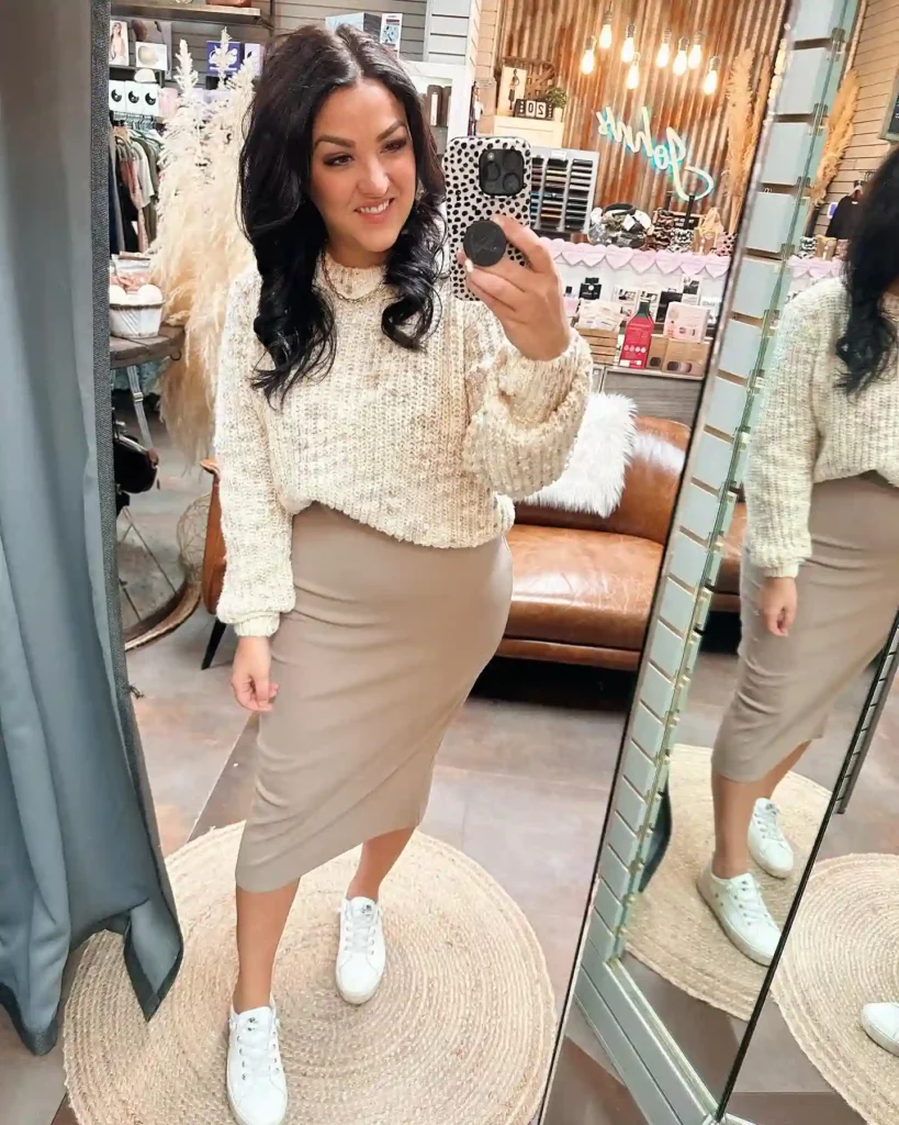 Beige Pencil Skirt with Cozy Knit Sweater Office Outfit