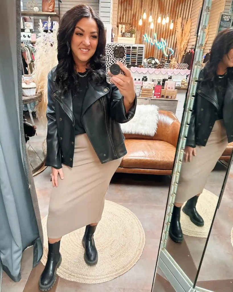 Beige Pencil Skirt with Black Top and Leather Jacket Office Outfit