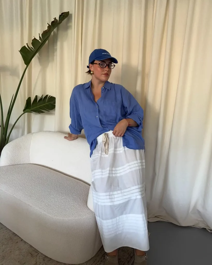 Relaxed Blue Shirt with White Midi Skirt Office Outfit