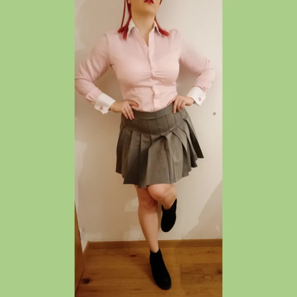 Pink Fitted Shirt with Grey Pleated Skirt Office Outfit