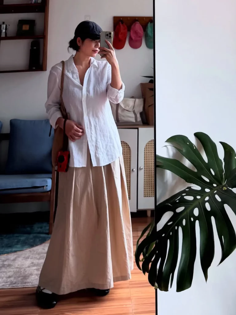 White Shirt with Beige Maxi Skirt Office Outfit