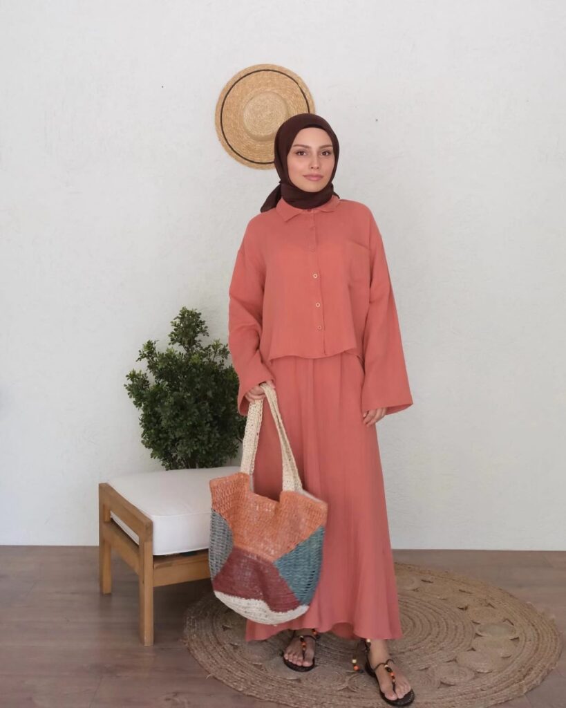 Monochrome Coral Shirt with Flowing Skirt Office Outfit