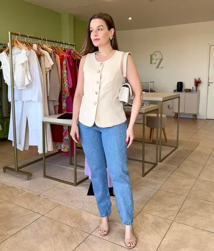 Structured Sleeveless Top with Blue Mom Jeans Office Outfit