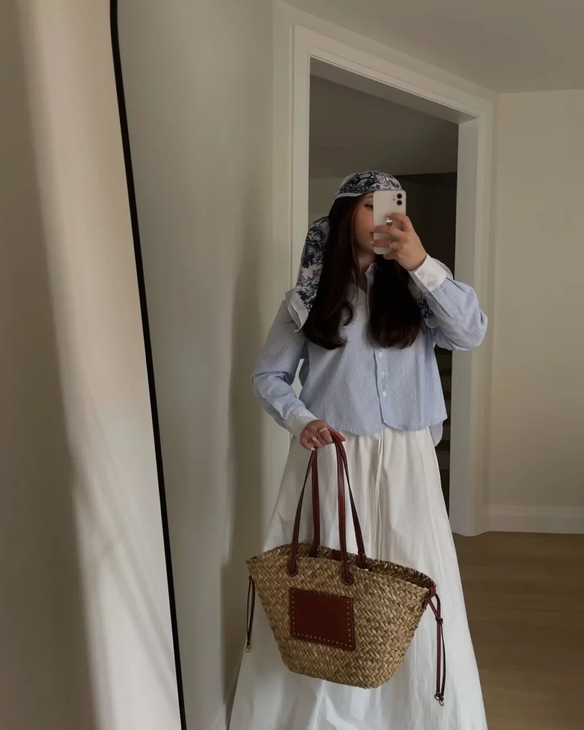 Light Blue Shirt with Flowy White Skirt Office Outfit
