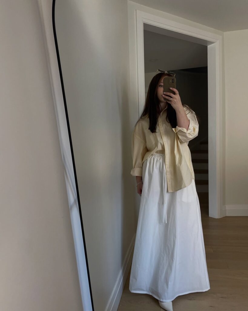 Soft Yellow Shirt with White Maxi Skirt Office Outfit