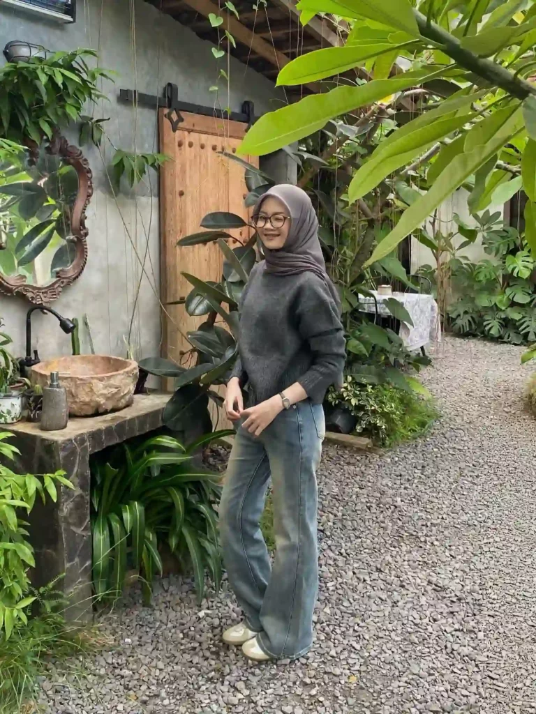 Soft Knit Sweater with Flare Jeans Office Outfit