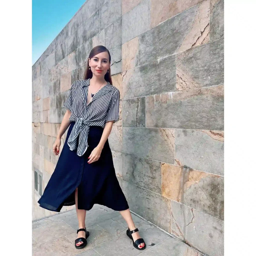 Striped Tie-Front Shirt with Navy Midi Skirt Office Outfit