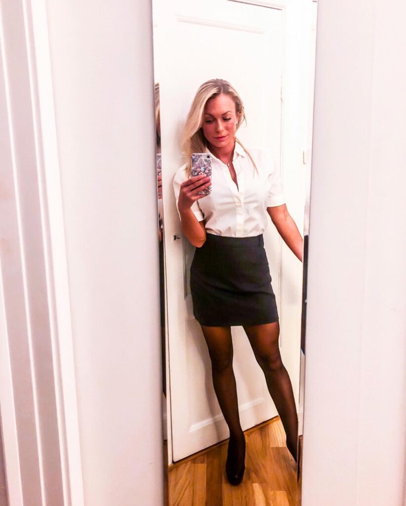 White Shirt with Black Mini Skirt Office Outfit