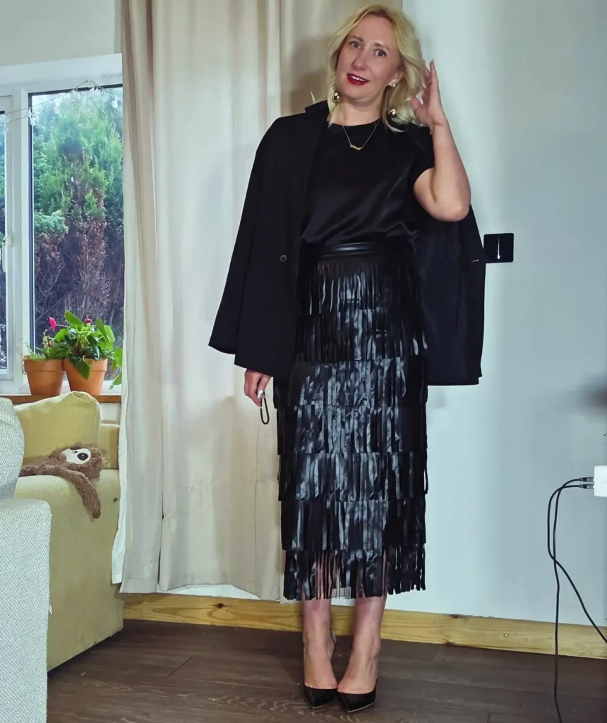 Black Fringe Leather Skirt with Blazer Office Outfit