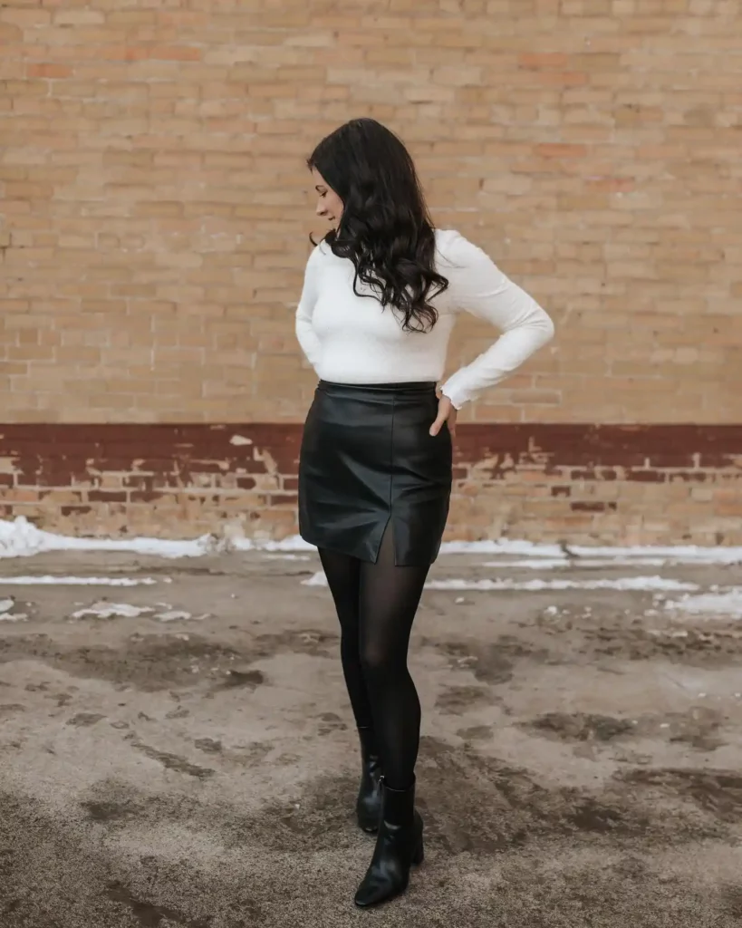 White Knit Top with Black Leather Mini Skirt Office Outfit
