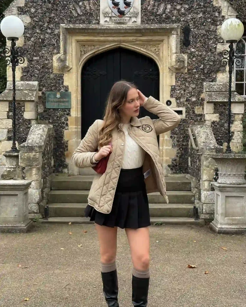 Quilted Jacket with Black Pleated Skirt Office Outfit