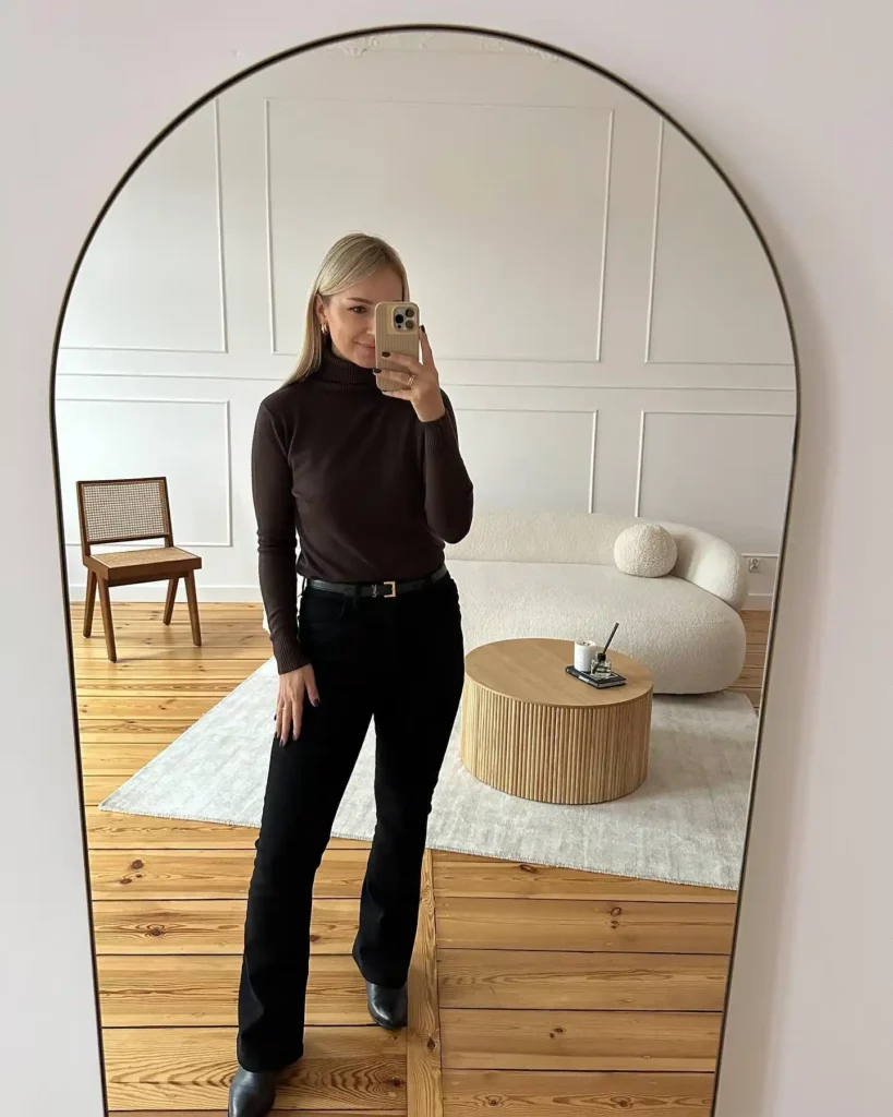 Turtleneck Top with Black Flare Jeans Office Outfit