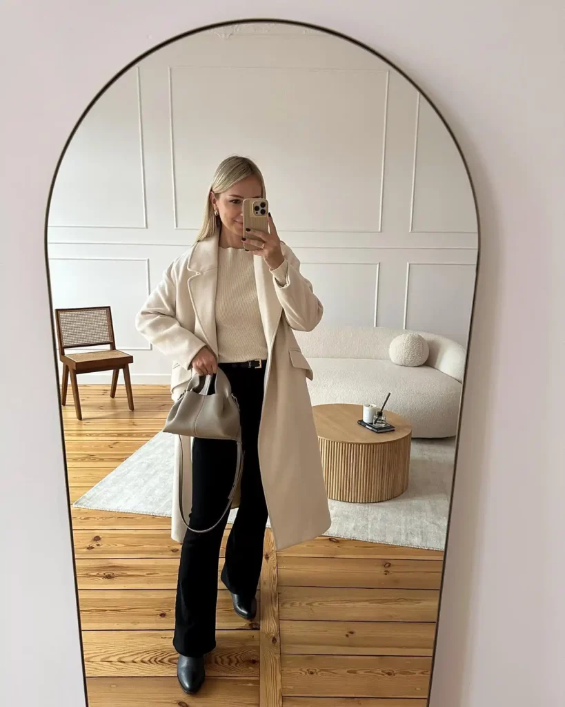 Long Coat with Black Flare Jeans Office Outfit