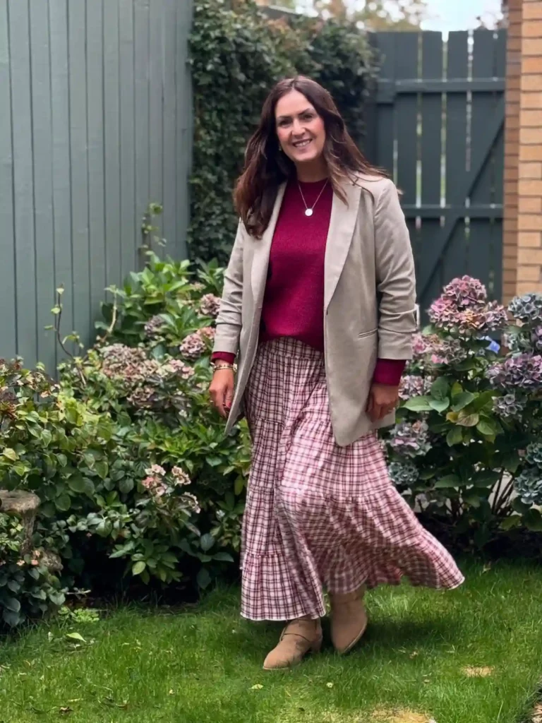 Plaid Maxi Skirt with Blazer Office Outfit