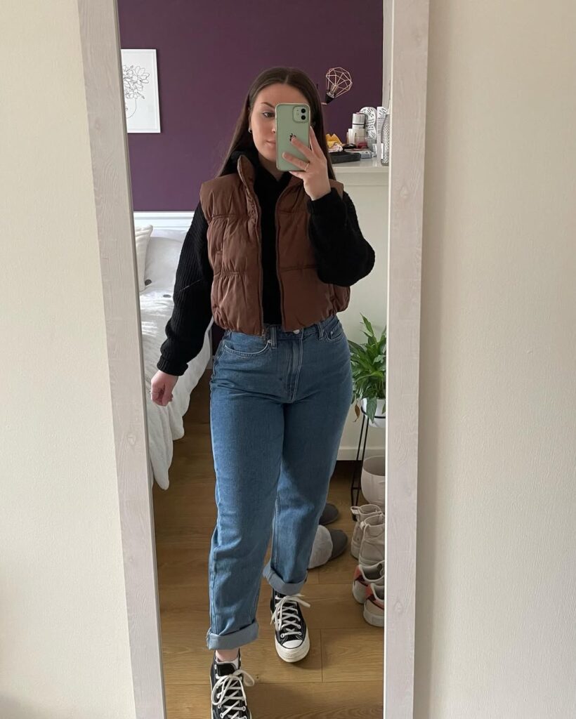 Brown Puffer Vest with Blue Mom Jeans Office Outfit