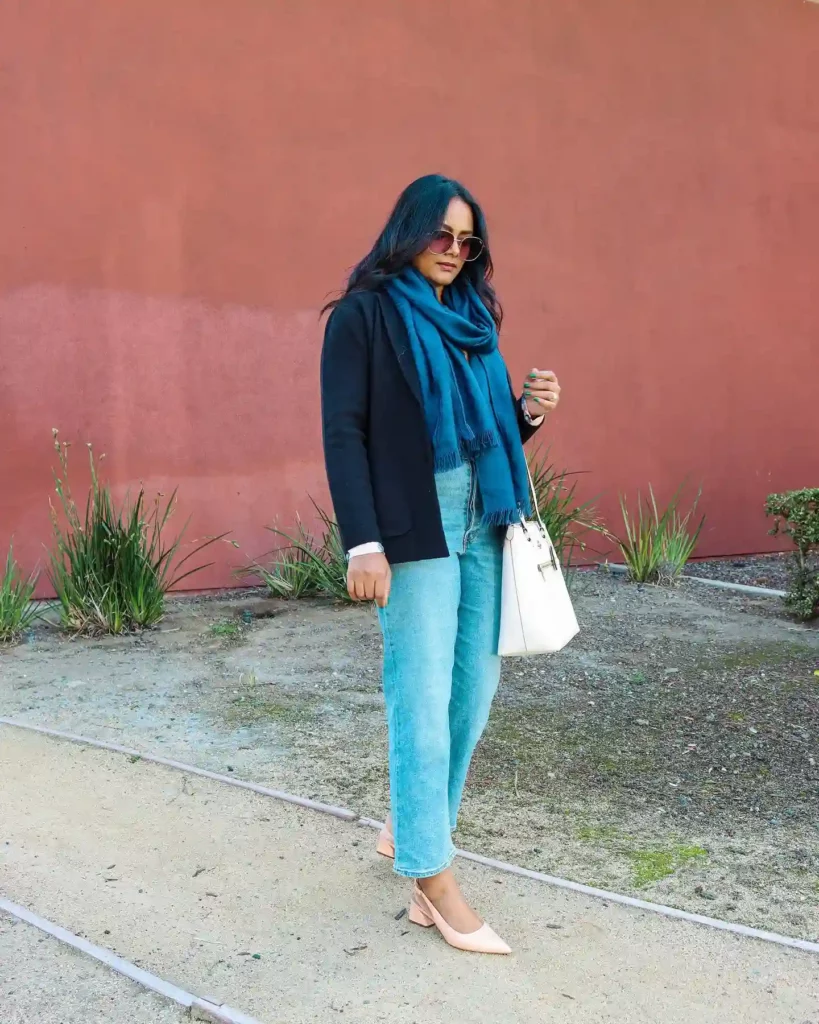 Tailored Blazer and Scarf with Straight Leg Jeans Office Outfit