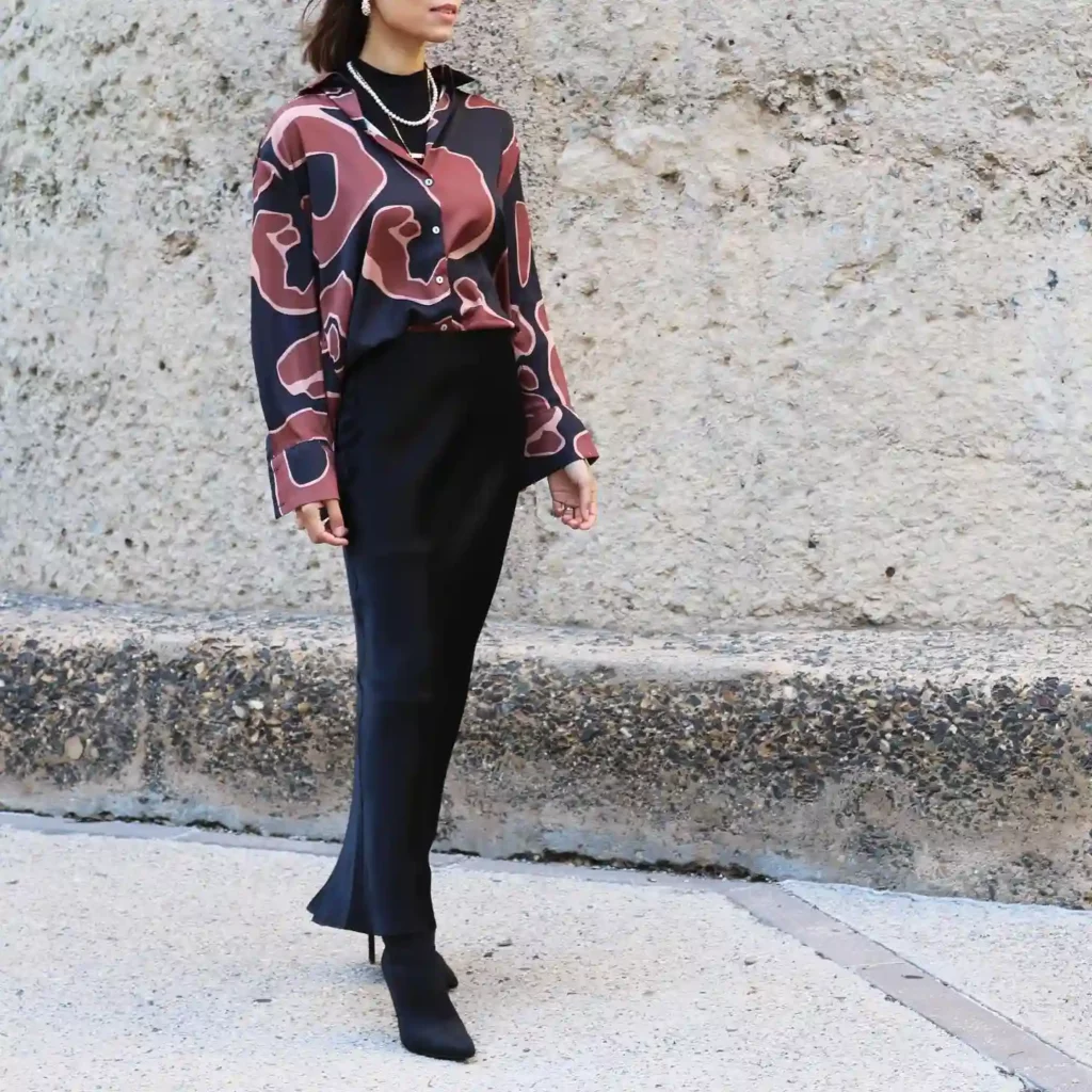 Printed Blouse with Black Satin Skirt Office Outfit