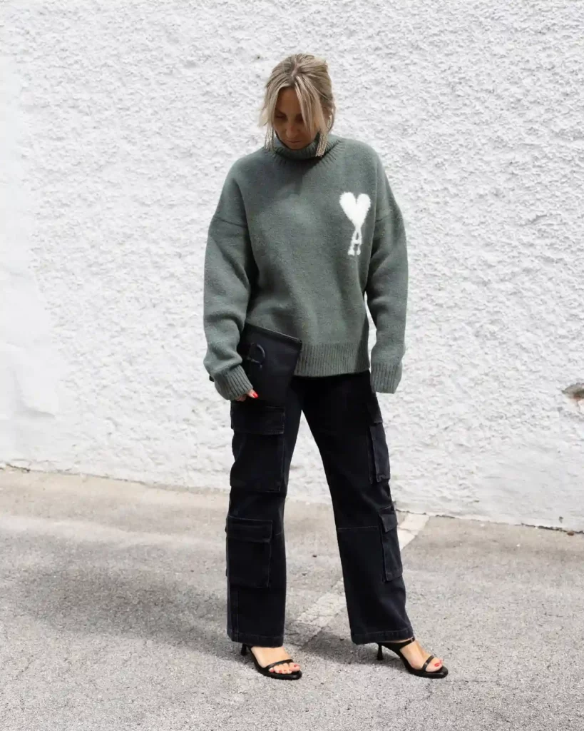 Oversized Knit Sweater with Dark Cargo Jeans Office Outfit