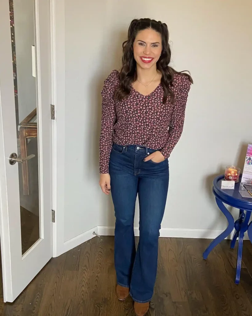 Floral Top with Flare Jeans Office Outfit