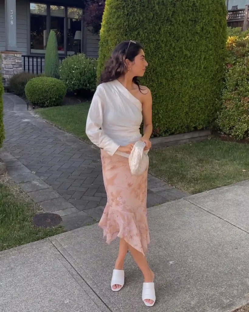 One-Shoulder Blouse with Satin Midi Skirt Office Outfit