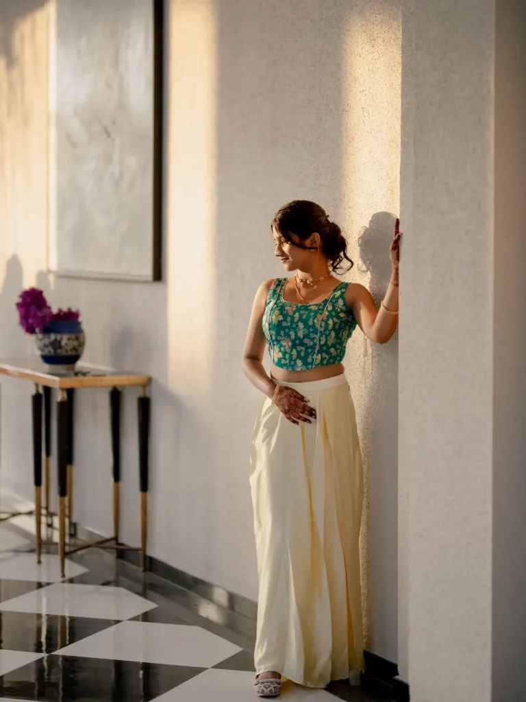 Printed Crop Top with Silk Skirt Office Outfit
