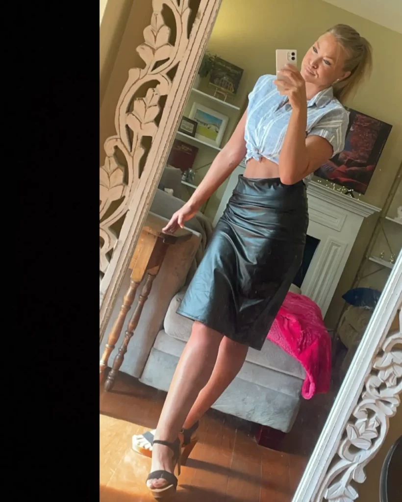 Blue Button-Up Shirt with Black Leather Midi Skirt Office Outfit
