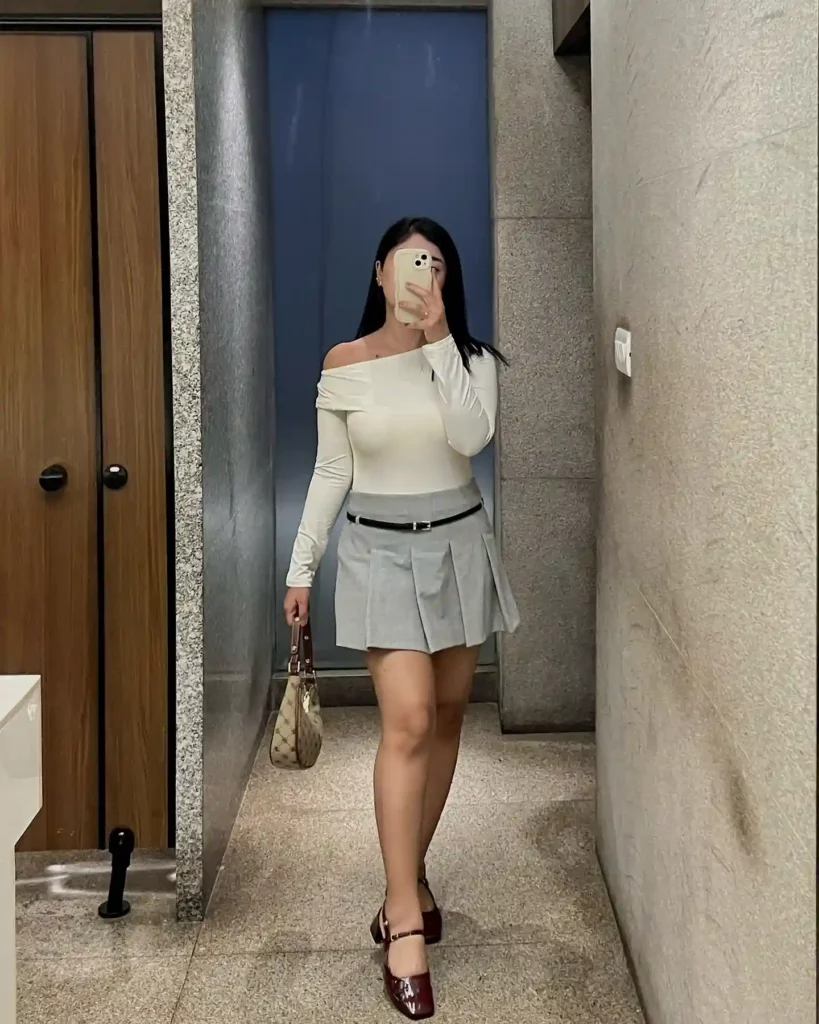 Grey Pleated Mini Skirt with Off-Shoulder Top Office Outfit