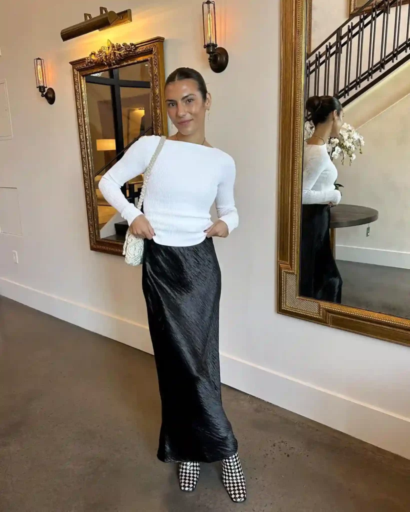 White Fitted Top with Satin Black Midi Skirt Office Outfit