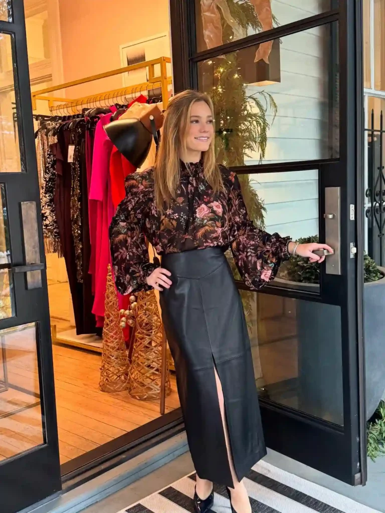 Floral Blouse with Leather Midi Skirt Office Outfit