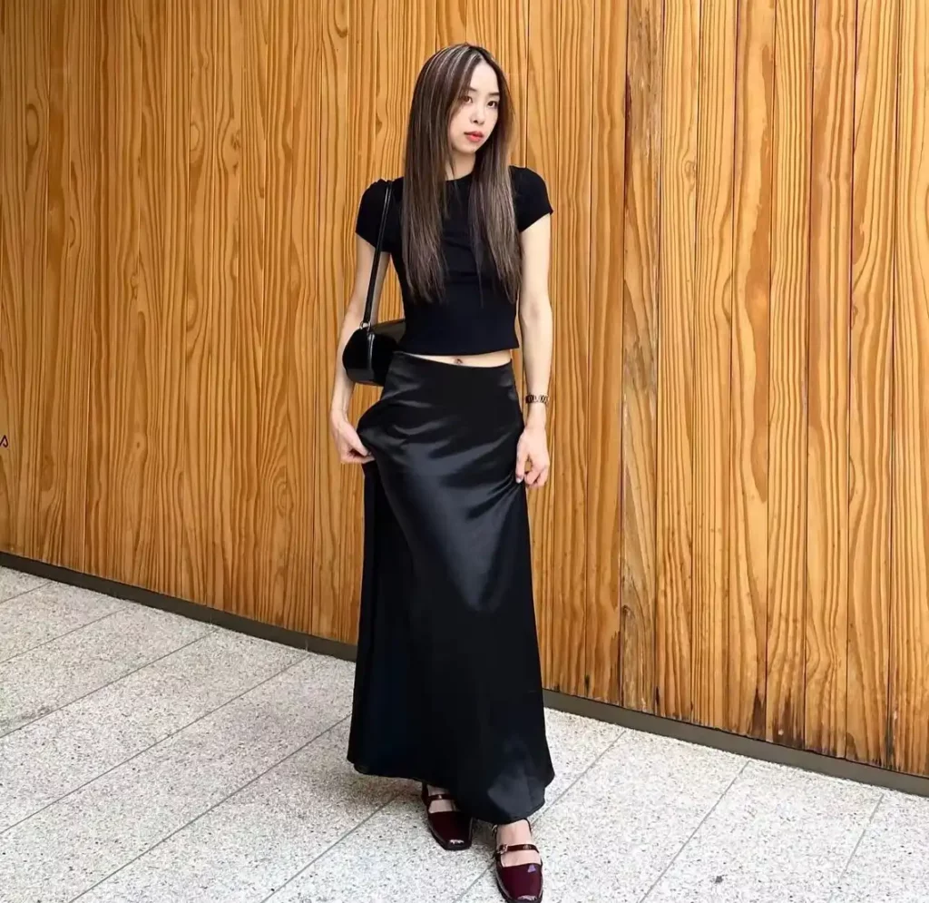 Fitted Black Top with Black Satin Skirt Office Outfit