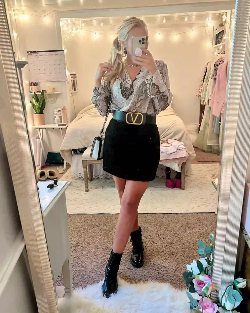 Printed Blouse with Black Mini Skirt Office Outfit