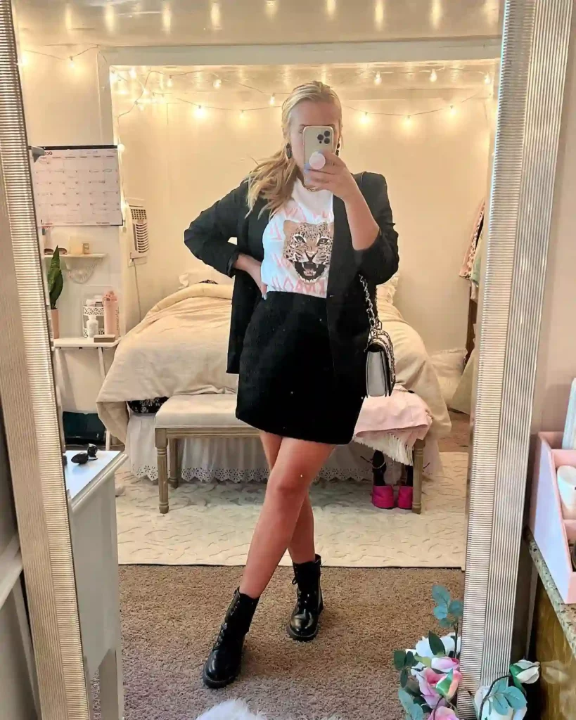Graphic Tee with Black Mini Skirt Office Outfit